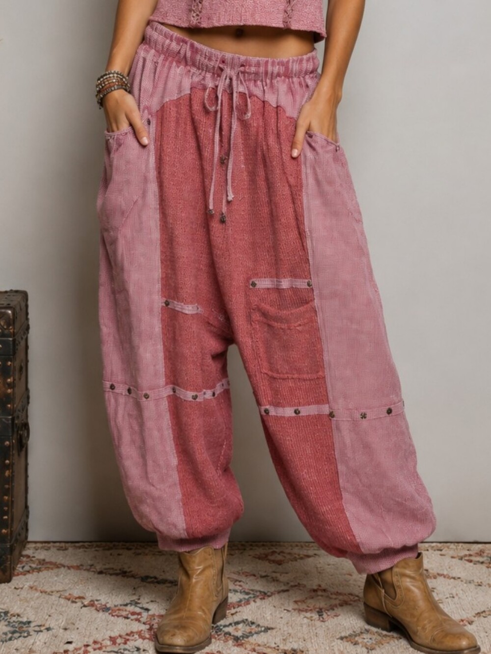 #1825 POL Free Spirit Fig Jam Patchwork Pants